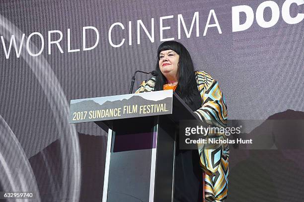 World Cinema Documentary Juror Lynette Wallworth speaks during the 2017 Sundance Film Festival Awards Night Ceremony at Basin Recreation Field House...