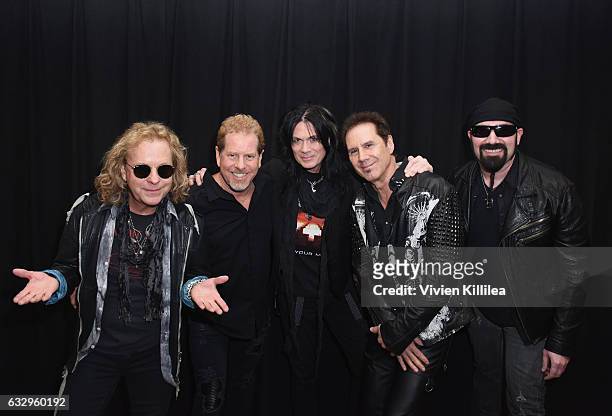 Musicians Jack Blades, Brad Gillis, Keri Kelli, Kelly Keagy and Eric Levy of Night Ranger attend the iHeart80s Party 2017 at SAP Center on January...