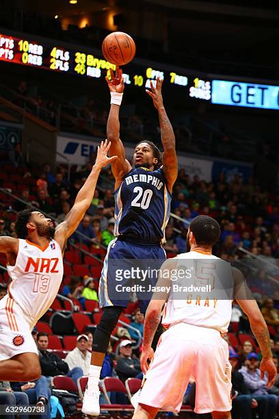 Cartier Martin of the Iowa Energy shoots a jump-shot over Xavier Silas of the Northern Arizona Suns in an NBA D-League game on January 28, 2017 at...