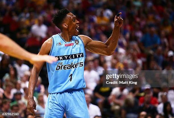 Paul Carter of the Breakers reacts after being ejected during the round 17 NBL match between the Sydney Kings and the New Zealand Breakers at Qudos...