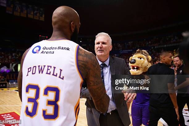 Kings coach Andrew Gaze celebrates with Josh Powell of the Kings after the round 17 NBL match between the Sydney Kings and the New Zealand Breakers...