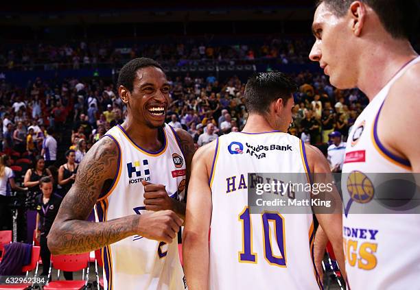 Greg Whittington of the Kings celebrates with team mates after the round 17 NBL match between the Sydney Kings and the New Zealand Breakers at Qudos...