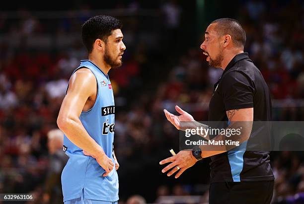 Breakers coach Paul Henare talks to Shea Ili of the Breakers during the round 17 NBL match between the Sydney Kings and the New Zealand Breakers at...