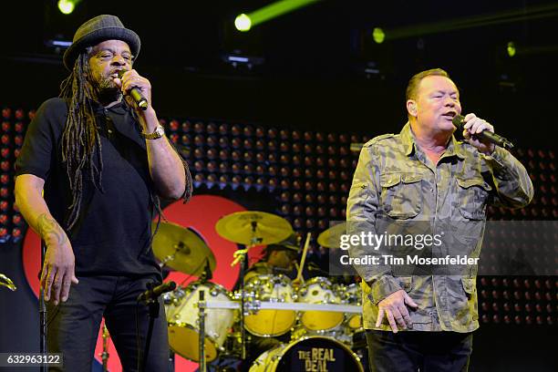 Musicians Astro and Ali Campbell of UB40 perform on stage during the iHeart80s Party 2017 at SAP Center on January 28, 2017 in San Jose, California.