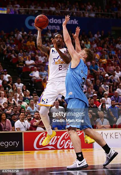 Greg Whittington of the Kings shoots during the round 17 NBL match between the Sydney Kings and the New Zealand Breakers at Qudos Bank Arena on...
