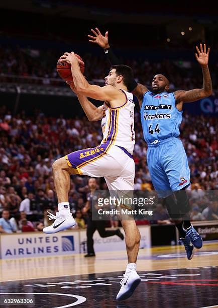 Kevin Lisch of the Kings drives to the basket during the round 17 NBL match between the Sydney Kings and the New Zealand Breakers at Qudos Bank Arena...