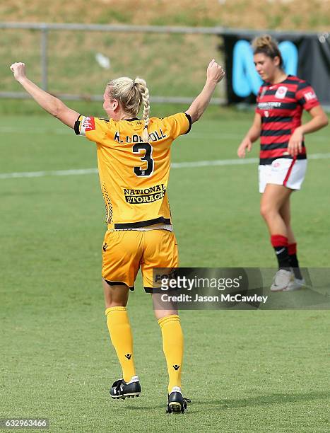 Kim Carroll of the Glory celebrates victory at the end of the round 14 W-League match between the Western Sydney Wanderers and Perth Glory at...