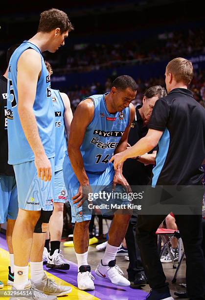 Mika Vukona of the Breakers is assisted from the court after being injured during the round 17 NBL match between the Sydney Kings and the New Zealand...