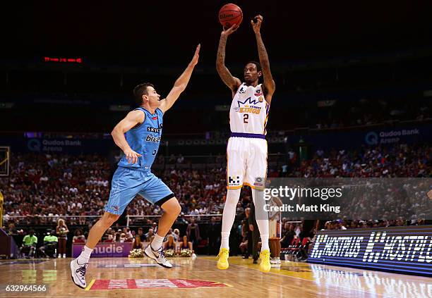 Greg Whittington of the Kings shoots during the round 17 NBL match between the Sydney Kings and the New Zealand Breakers at Qudos Bank Arena on...