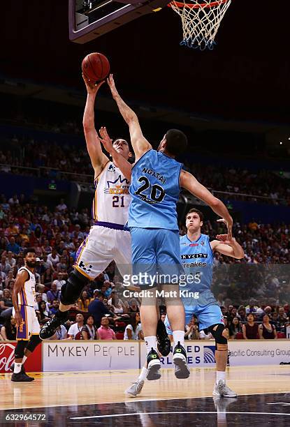 Jeromie Hill of the Kings drives to the basket during the round 17 NBL match between the Sydney Kings and the New Zealand Breakers at Qudos Bank...