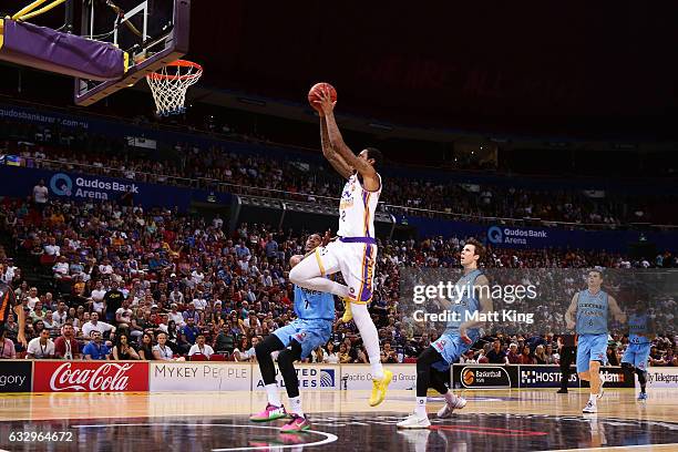 Greg Whittington of the Kings drives to the basket during the round 17 NBL match between the Sydney Kings and the New Zealand Breakers at Qudos Bank...