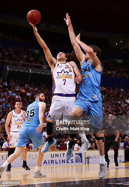 William McDowell-White of the Kings drives to the basket during the round 17 NBL match between the Sydney Kings and the New Zealand Breakers at Qudos...