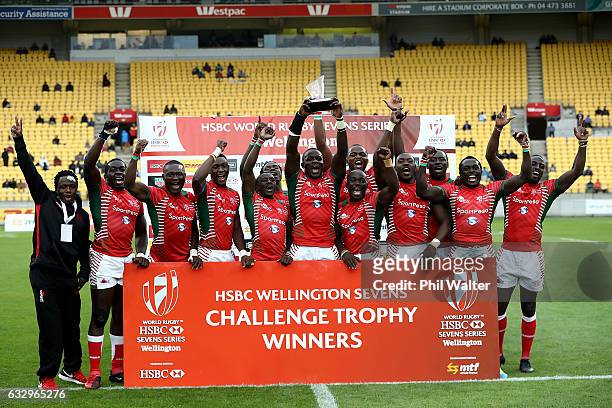 Kenya celebrate winning the Trophy Final over Australia during the 2017 Wellington Sevens at Westpac Stadium on January 29, 2017 in Wellington, New...