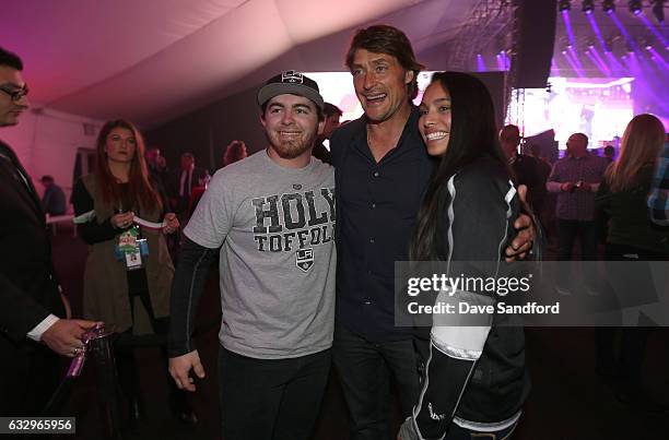 Former NHL player Teemu Selanne poses for a photo with fans during the 2017 NHL All-Star Saturday Night Party at the Event Deck L.A. Live on January...