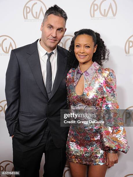 Actress Thandie Newton and Ol Parker arrive at the 28th Annual Producers Guild Awards at The Beverly Hilton Hotel on January 28, 2017 in Beverly...