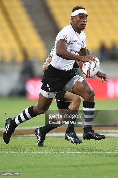 Osea Kolinisau of Fiji runs the ball during the gold medal final match between Fiji and South Africa during the 2017 Wellington Sevens at Westpac...
