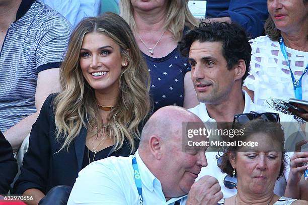 Delta Goodrem and Andy Lee watch the Men's Final match between Roger Federer of Switzerland and Rafael Nadal of Spain on day 14 of the 2017...