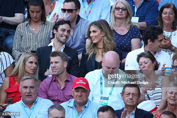 Delta Goodrem, Andy Lee, Candice Warner and David Warner watch the Men's Final match between Roger Federer of Switzerland and Rafael Nadal of Spain...