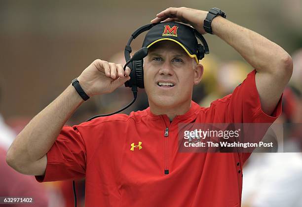 Maryland head coach DJ Durkin during theUniversity of Maryland defeat of Howard 52 - 13 in football at Byrd Stadium in College Park MD, September 3,...