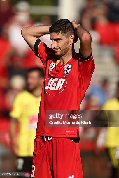 Iacopo La Rocca of Adelaide United reacts after hitting the crossbar during the round 17 A-League match between Adelaide United and the Wellington...