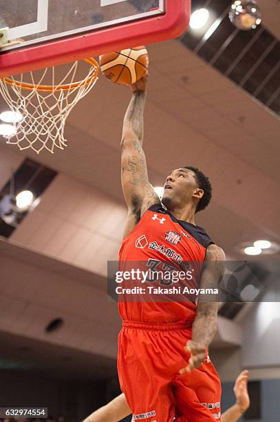 Tyler Stone of the Chiba Jets goes up for a dunk during the B. League game between Chiba Jets and Osaka Evessa at Funabashi Arena on January 29...