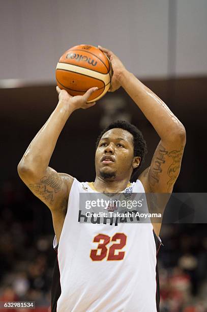 Xavier Gibson of the Osaka Evessa shoots a free throw during the B. League game between Chiba Jets and Osaka Evessa at Funabashi Arena on January 29...