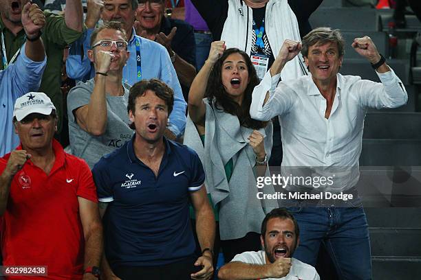 Xisca Perello, girlfriend of Rafael Nadal of Spain celebrates him play his Men's Final match against Roger Federer of Switzerland on day 14 of the...