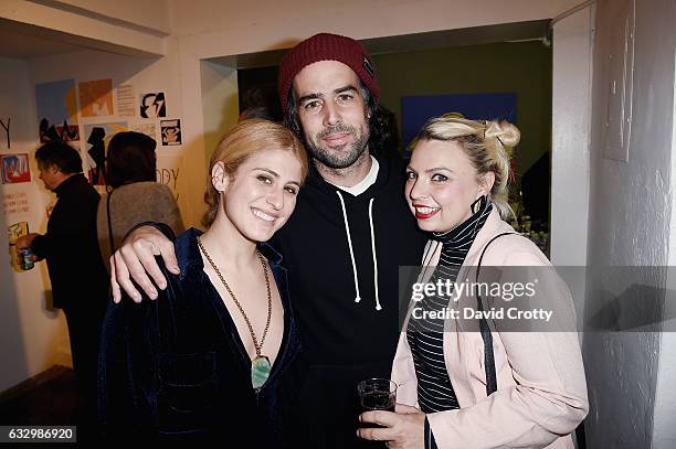 Austyn Weiner, Johnny Elder and Andrea Marie Breiling attend the Austyn Weiner Exhibition Opening at The Lodge on January 28, 2017 in Los Angeles,...