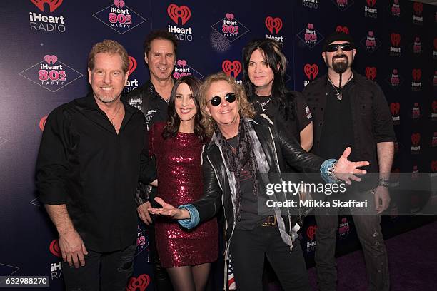 Host Martha Quinn and musicians Brad Gillis , Kelly Keagy, Jack Blades, Keri Kelli and Eric Levy of Night Ranger arrive at the iHeart80s Party 2017...