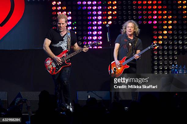 Guitarist Brad Gillis and bassist Jack Blades of Night Ranger perform on stage during the iHeart80s Party 2017 at SAP Center on January 28, 2017 in...