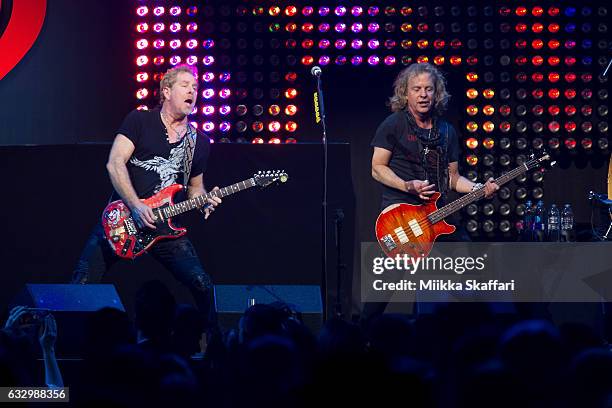 Guitarist Brad Gillis and bassist Jack Blades of Night Ranger perform on stage during the iHeart80s Party 2017 at SAP Center on January 28, 2017 in...