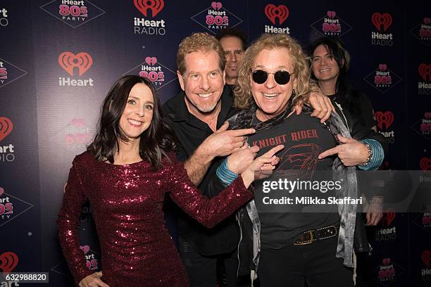 Host Martha Quinn and musicians Brad Gillis and Jack Blades of Night Ranger arrive at the iHeart80s Party 2017 at SAP Center on January 28, 2017 in...