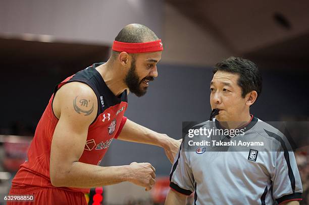 Michael Parker of the Chiba Jets argues a call during the B. League game between Chiba Jets and Osaka Evessa at Funabashi Arena on January 29...