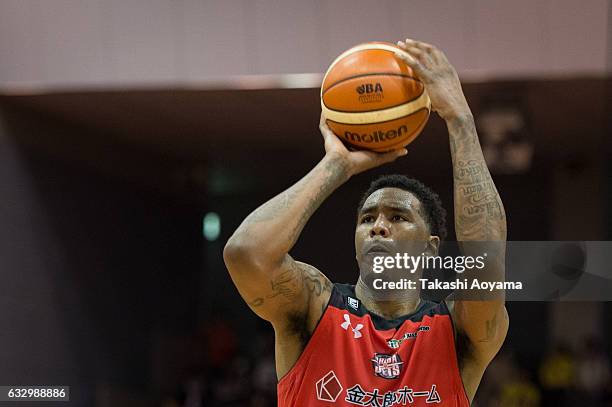 Tyler Stone of the Chiba Jets shoots a free throw during the B. League game between Chiba Jets and Osaka Evessa at Funabashi Arena on January 29...