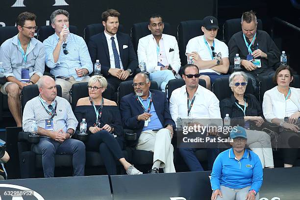 Dave Hughes and Jason Dundas attend the Men's Singles Final match between Roger Federer of Switzerland and Rafael Nadal of Spain on day 14 of the...