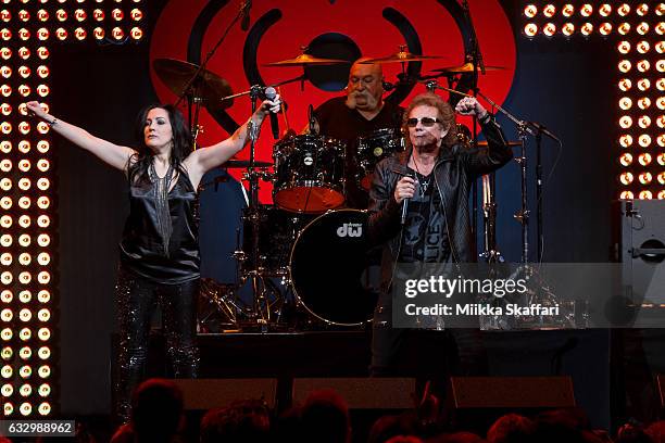 Vocalists Stephanie Calvert and Mickey Thomas and drummer Darrell Verdusco of Starship perform at SAP Center on January 28, 2017 in San Jose,...