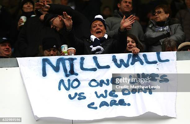 Millwall fans showcase their banner during The Emirates FA Cup Fourth Round match between Millwall and Watford at The Den on January 29, 2017 in...