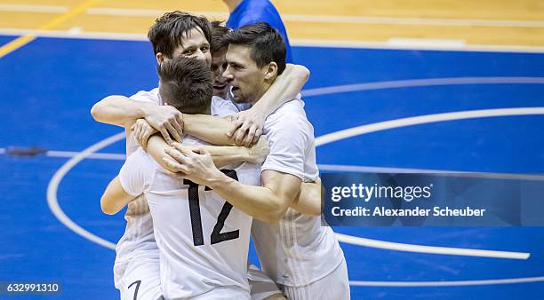 Adam Fiedler of Germany celebrates the second goal for his team during the UEFA Futsal European Championship Qualifying match between Estonia and...