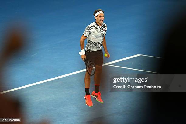 Roger Federer of Switzerland celebrates winning championship point in his Men's Final match against Rafael Nadal of Spain on day 14 of the 2017...