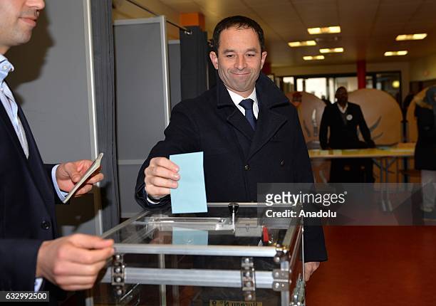 French former education minister and candidate for the left-wing primaries Benoit Hamon casts his ballot during the second round of the left-wing...