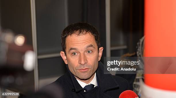 French former education minister and candidate for the left-wing primaries Benoit Hamon speaks to media after casting his ballot during the second...