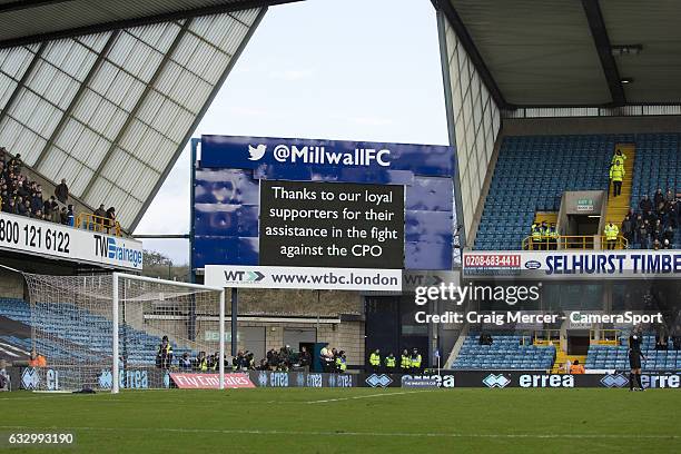 Screen thanks home fans for their support against the CPO of their ground during the Emirates FA Cup Fourth Round match between Millwall and Watford...