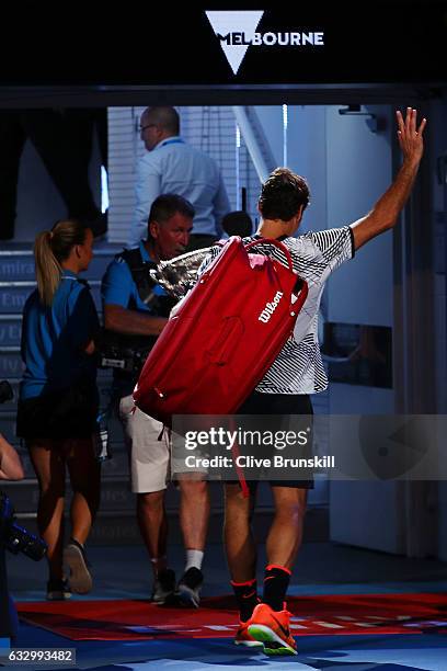 Rafael Nadal of Spain thanks the crowd as he walks off court after the Men's Final match against Roger Federer of Switzerland on day 14 of the 2017...