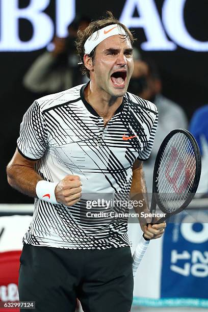Roger Federer of Switzerland celebrates winning championship point in his Men's Final match against Rafael Nadal of Spain on day 14 of the 2017...