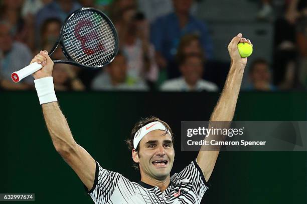 Roger Federer of Switzerland celebrates winning championship point in his Men's Final match against Rafael Nadal of Spain on day 14 of the 2017...