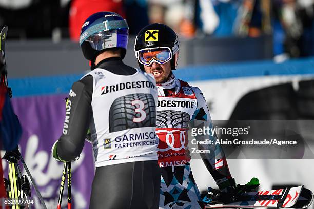 Marcel Hirscher of Austria takes 1st place, Alexis Pinturault of France during the Audi FIS Alpine Ski World Cup Men's Giant Slalom on January 29,...