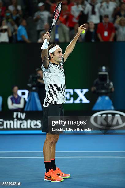 Roger Federer of Switzerland celebrates winning championship point in his Men's Final match against Rafael Nadal of Spain on day 14 of the 2017...