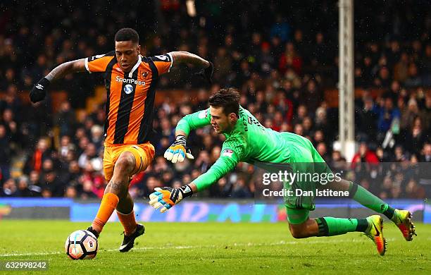 Abel Hernandez of Hull City is fouled by Marcus Bettinelli of Fulham FC and a penalty is awarded during The Emirates FA Cup Fourth Round match...