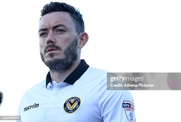 Craig Reid of Newport County during the Sky Bet League Two match between Newport County and Hartlepool United at Rodney Parade on January 28, 2017 in...