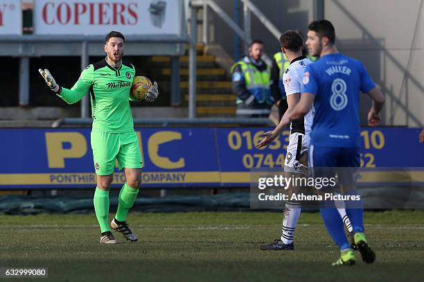 Joe Day of Newport County during the Sky Bet League Two match between Newport County and Hartlepool United at Rodney Parade on January 28, 2017 in...
